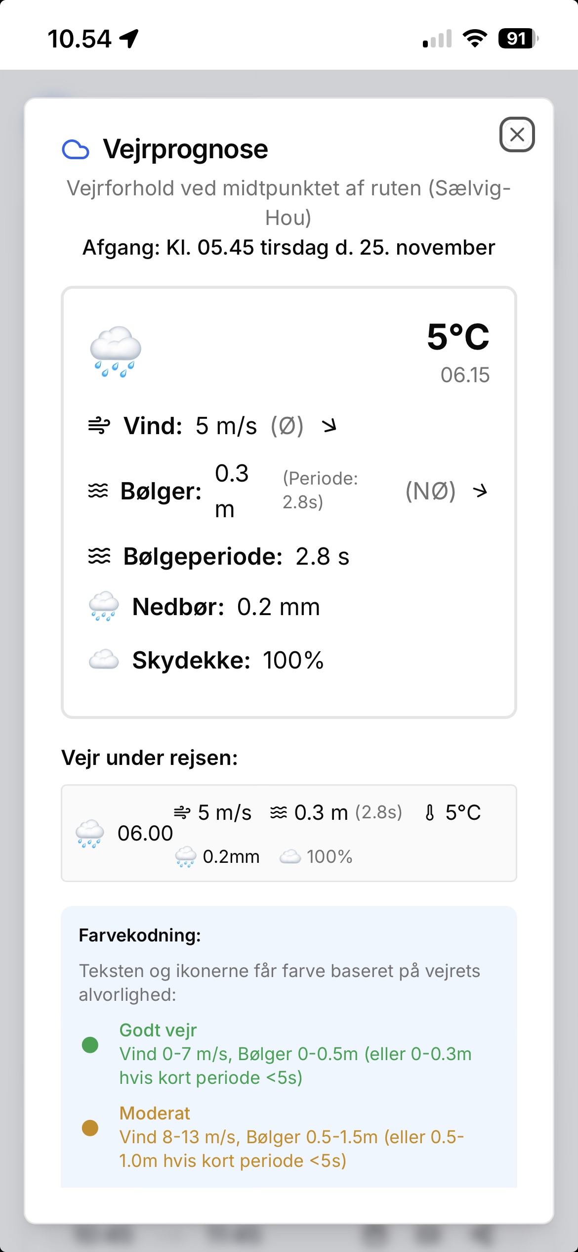 Vejrprognose vises ved hver færgeafgang i Ø-kort appen med vindstyrke, bølgehøjde og vejrikon