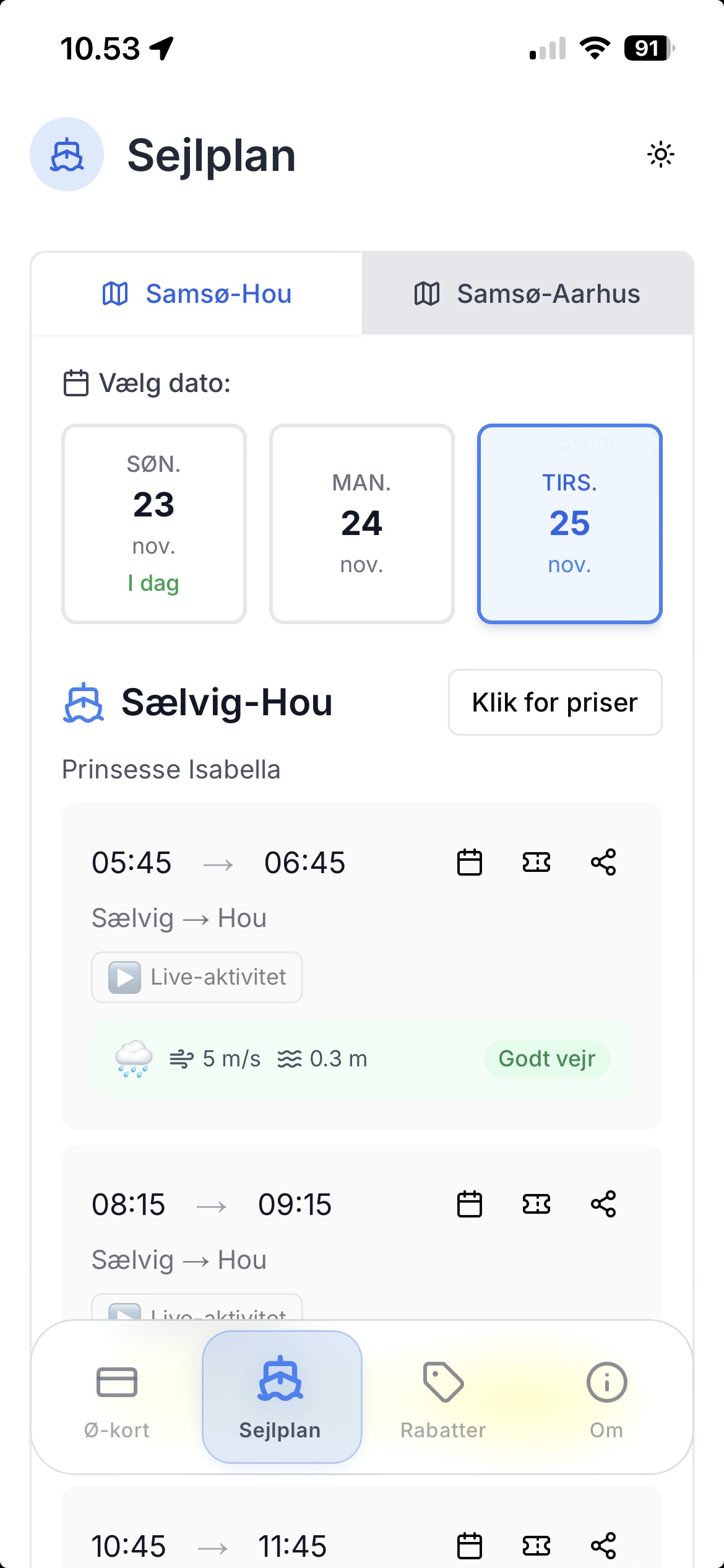 Vejrprognose vises ved hver færgeafgang i Ø-kort appen med vindstyrke, bølgehøjde og vejrikon